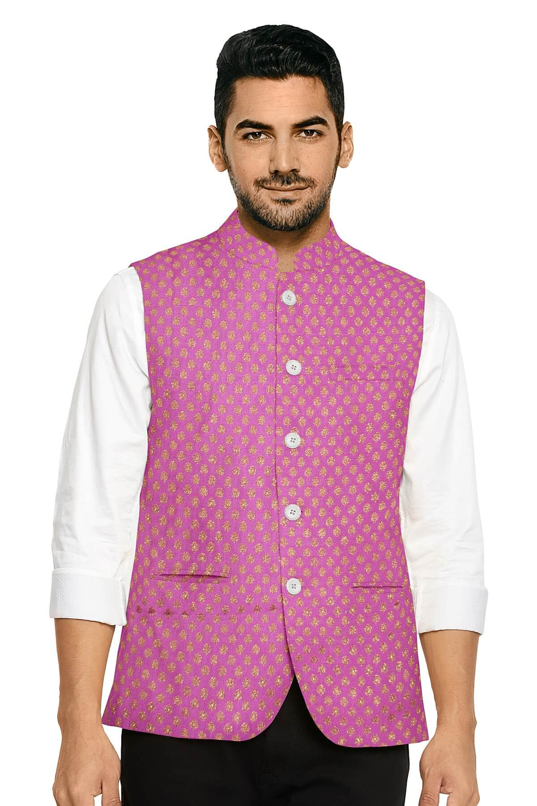 Banarasi  silk fabric in onion pink  . Available in multiples of 1M & 2.5M