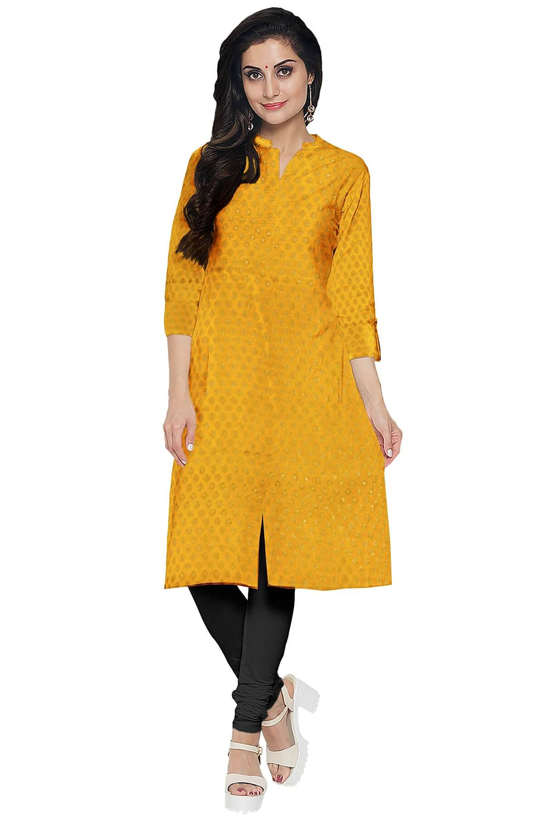 Banarasi  silk fabric in saffron yellow . Available in multiples of 1M & 2.5M