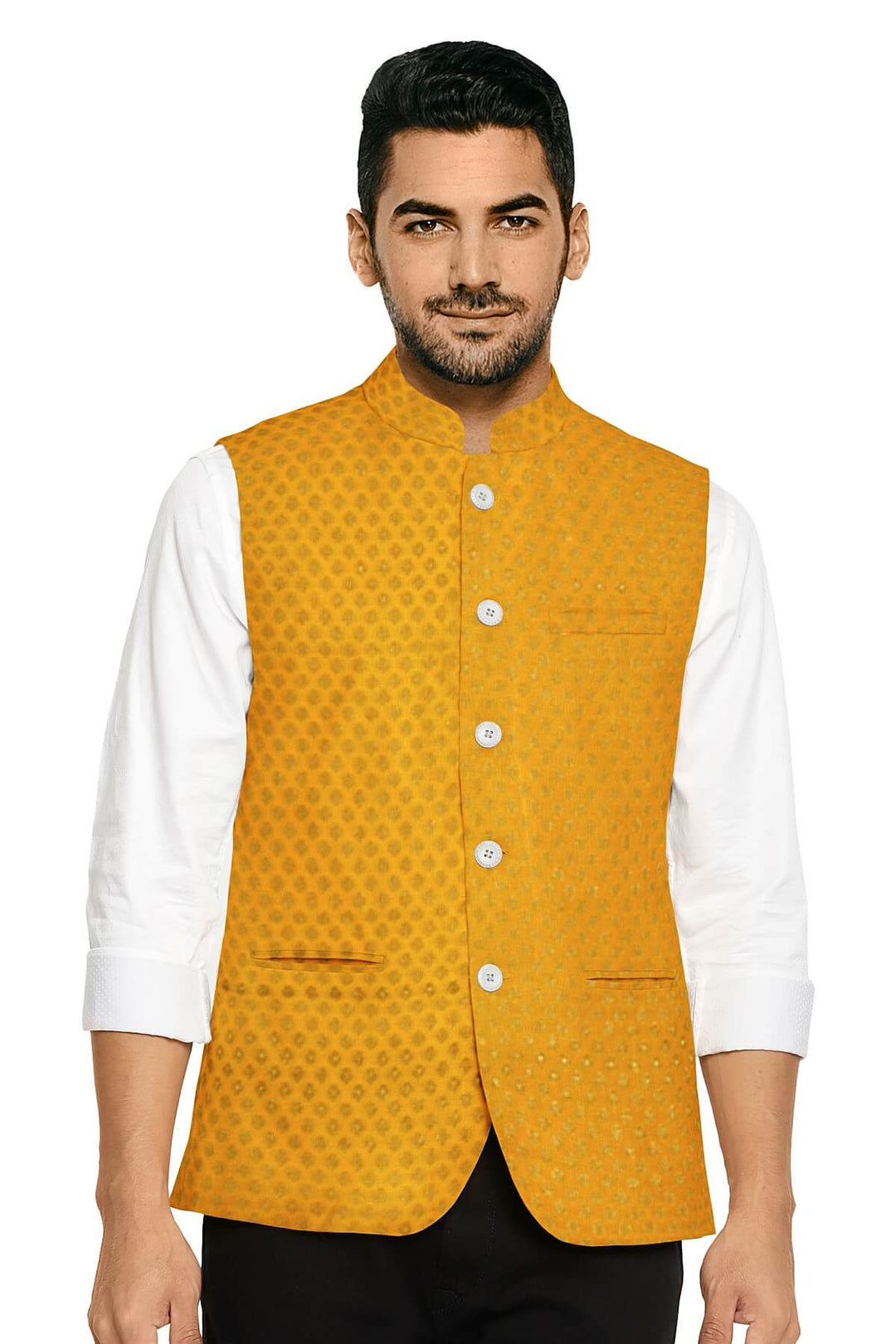 Banarasi  silk fabric in saffron yellow . Available in multiples of 1M & 2.5M