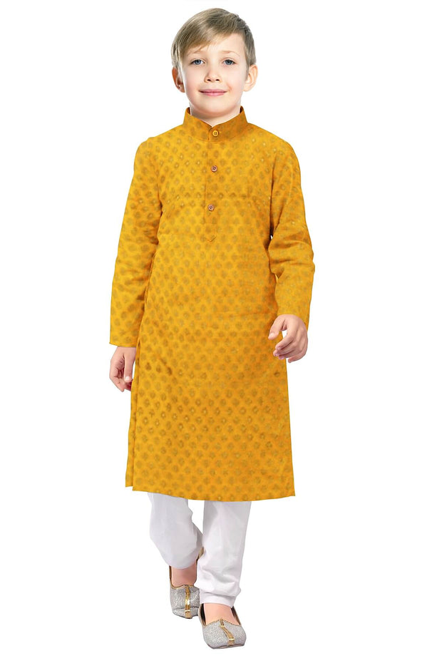 Banarasi  silk fabric in saffron yellow . Available in multiples of 1M & 2.5M
