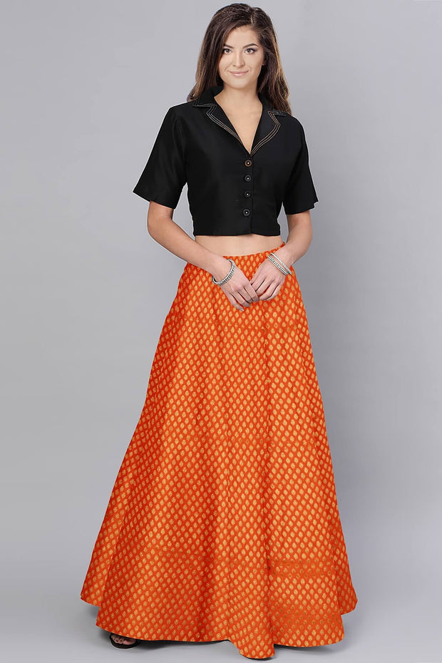 Banarasi  silk fabric in orange. Available in multiples of 1M & 2.5M