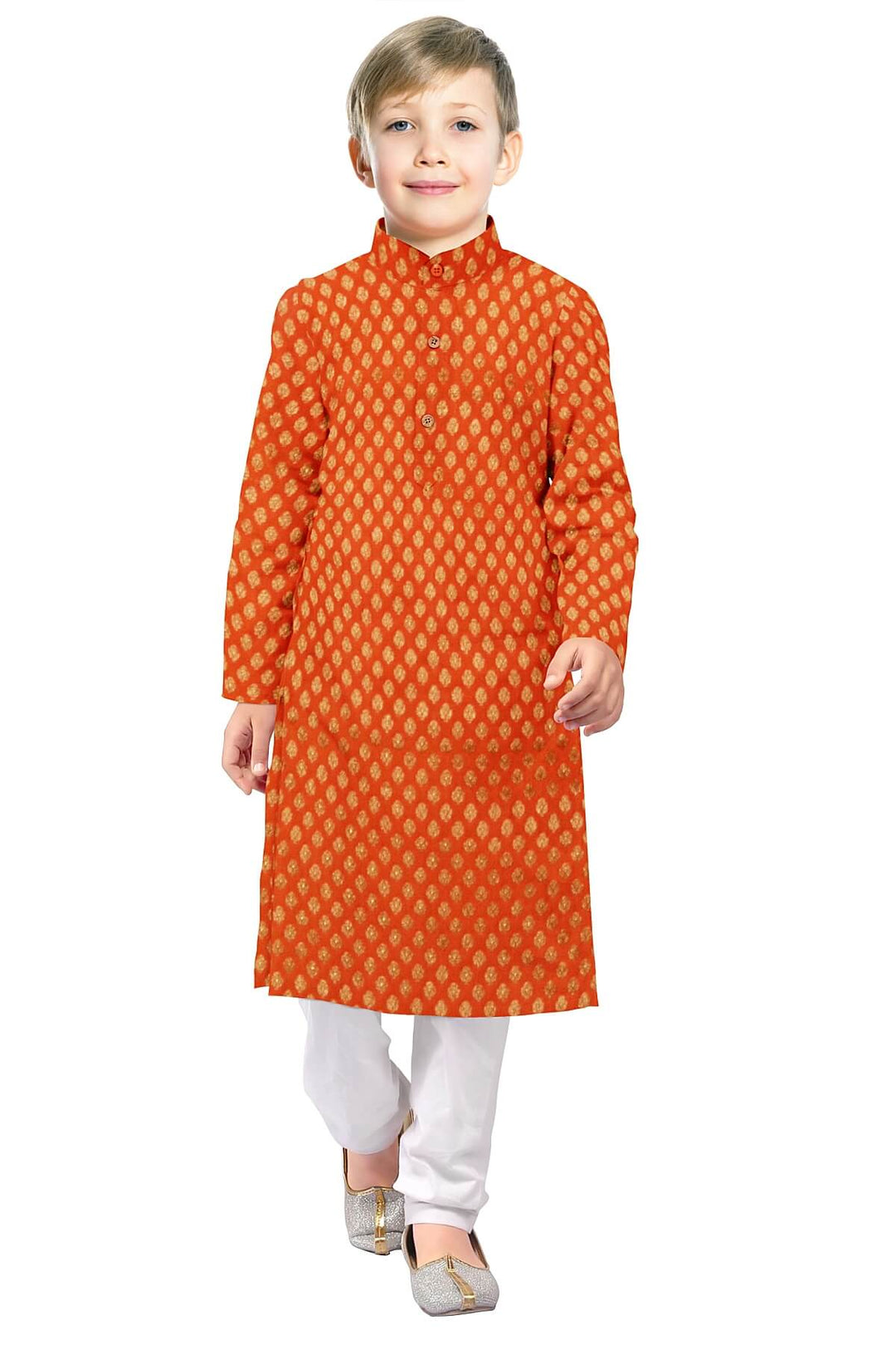 Banarasi  silk fabric in orange. Available in multiples of 1M & 2.5M