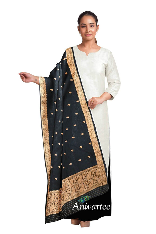 Banarasi katan pure silk dupatta in black with buttis and a rich zari border