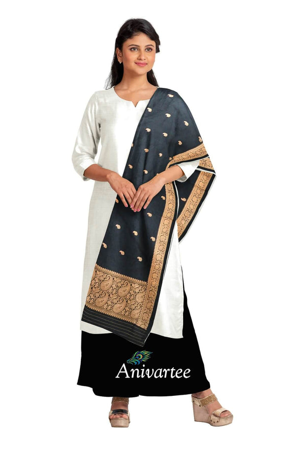 Banarasi katan pure silk dupatta in black with buttis and a rich zari border