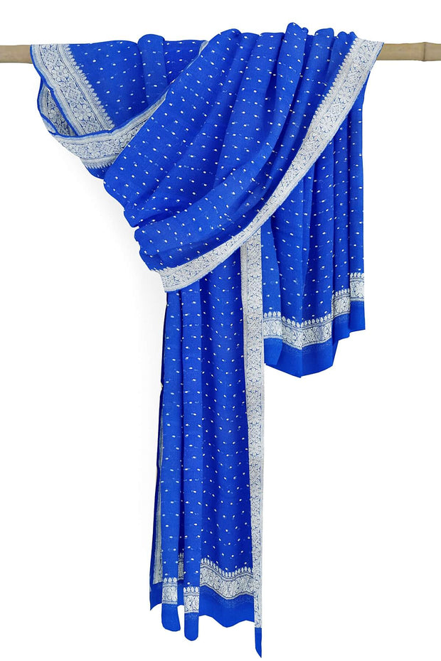 Handloom Banarasi chiffon dupatta in blue with silver zari border