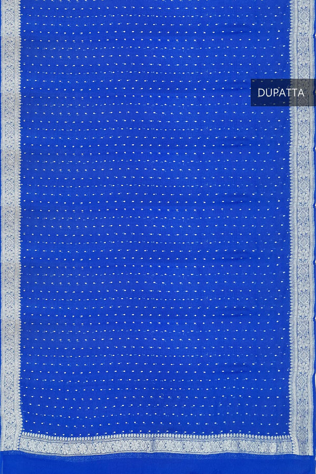 Handloom Banarasi chiffon dupatta in blue with silver zari border