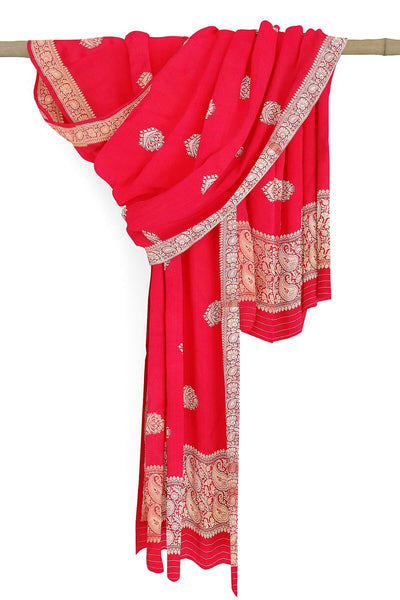 Handloom Banarasi katan pure silk dupatta in red with buttis and rich zari border