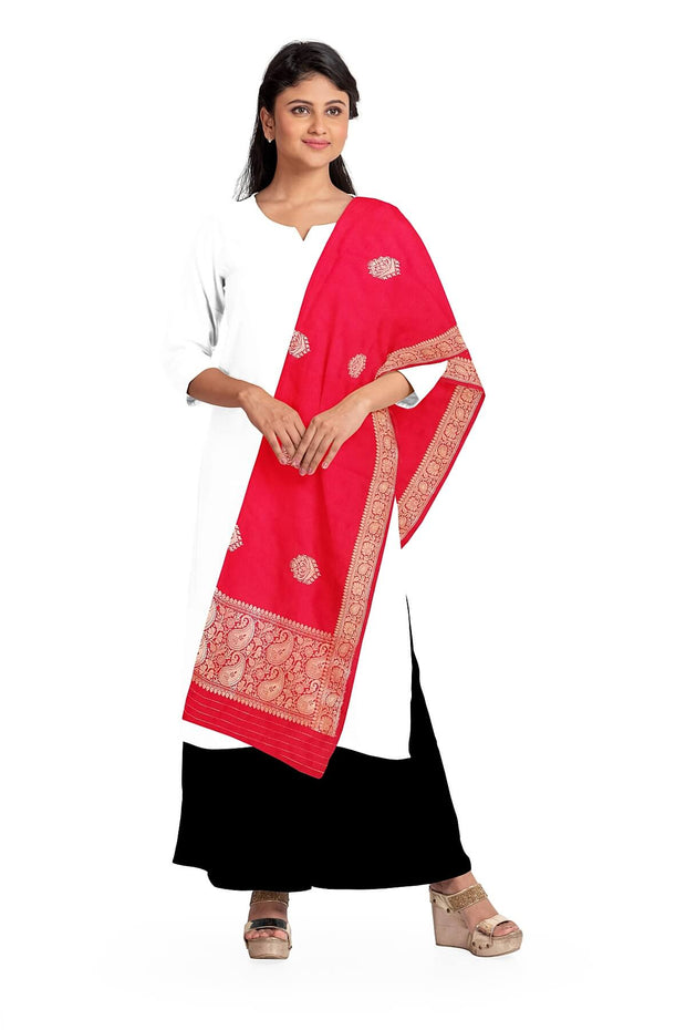 Handloom Banarasi katan pure silk dupatta in red with buttis and rich zari border