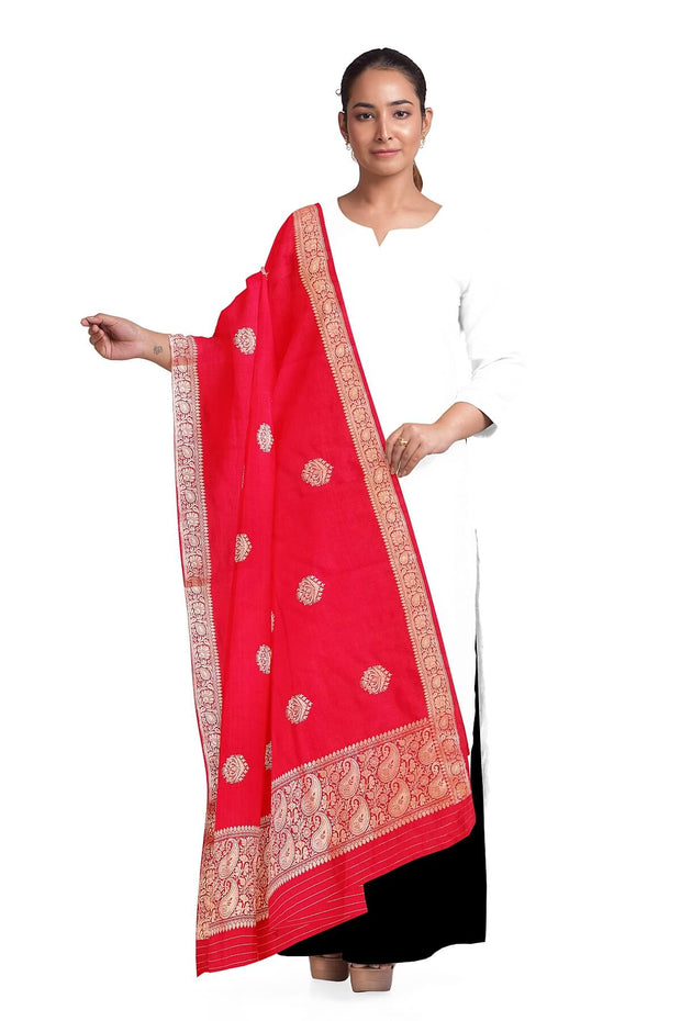 Handloom Banarasi katan pure silk dupatta in red with buttis and rich zari border