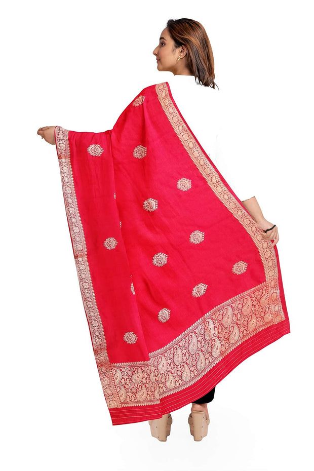 Handloom Banarasi katan pure silk dupatta in red with buttis and rich zari border