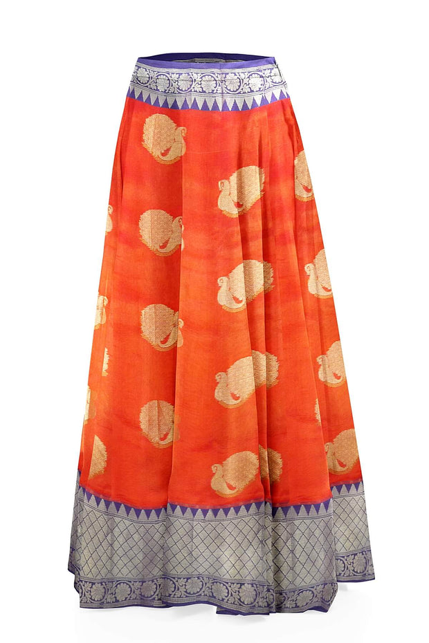 Banarasi silk organza unstitched lehenga material in pinkish orange