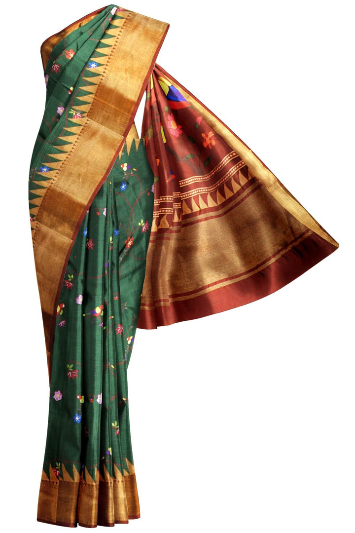 Beautiful printed  moonga silk saree in dark green