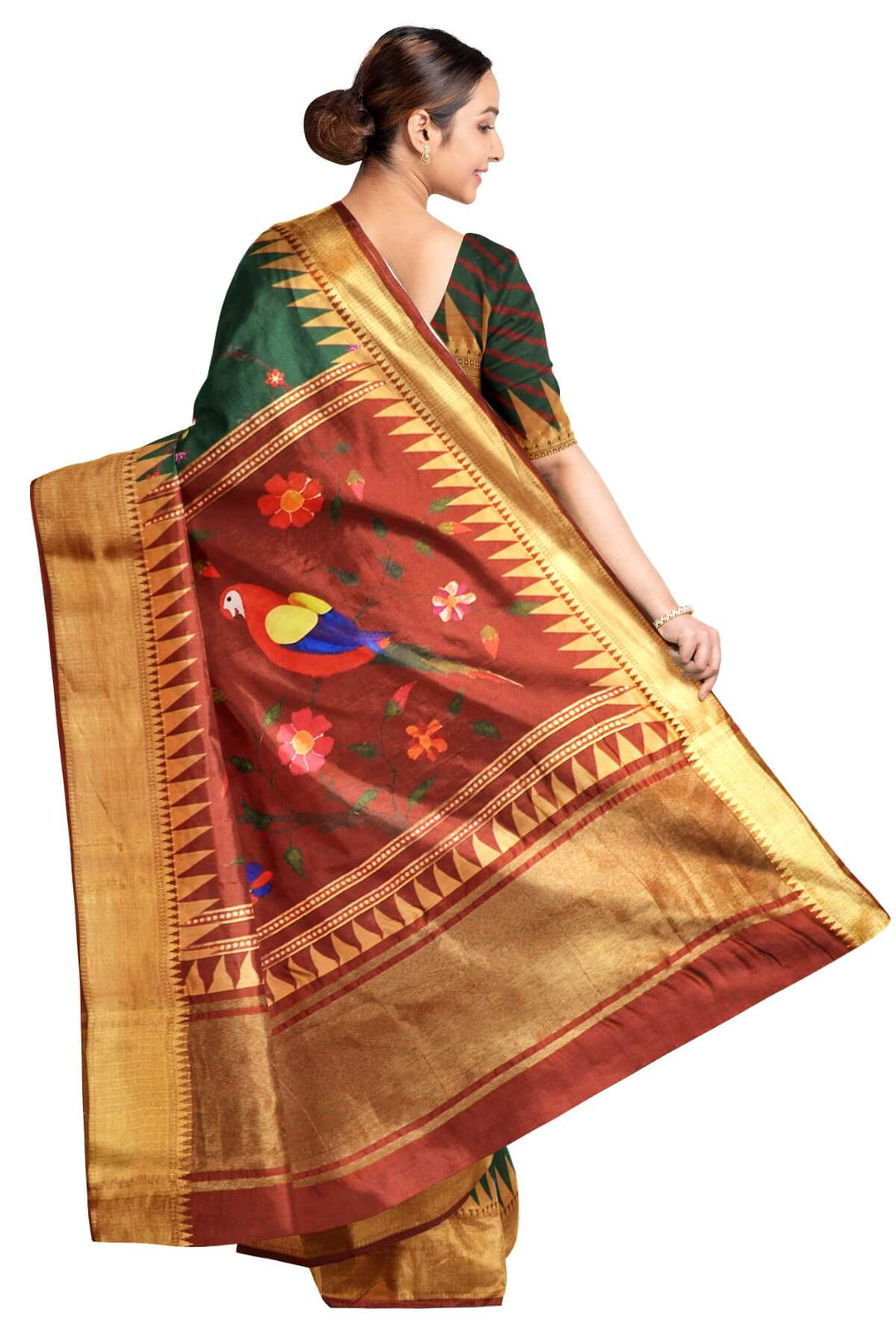 Beautiful printed  moonga silk saree in dark green