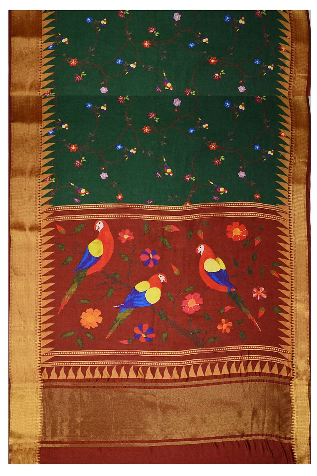 Beautiful printed  moonga silk saree in dark green