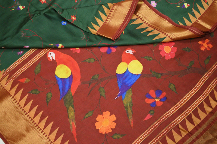 Beautiful printed  moonga silk saree in dark green