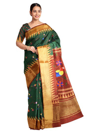 Beautiful printed  moonga silk saree in dark green