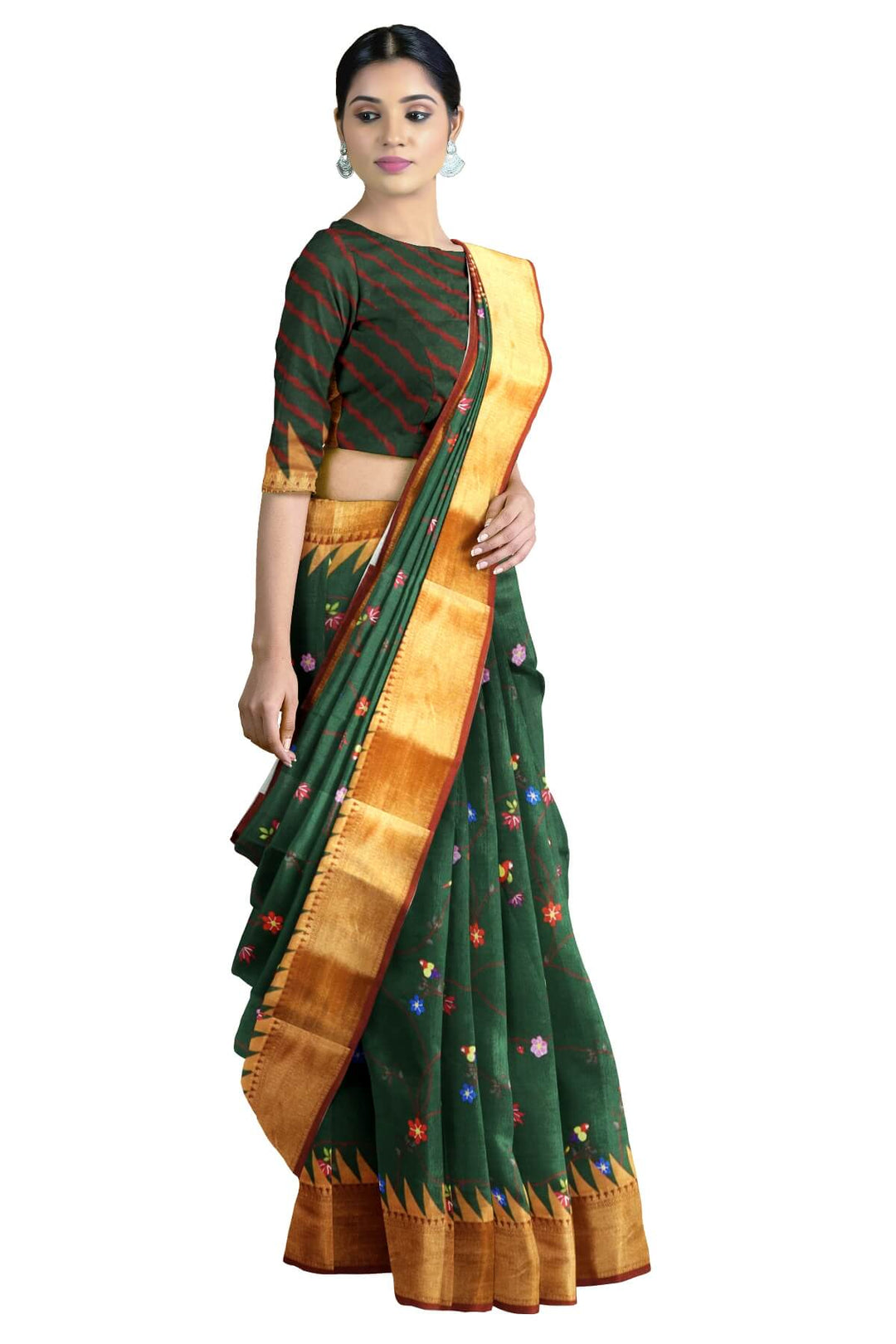 Beautiful printed  moonga silk saree in dark green