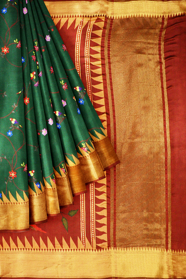 Beautiful printed  moonga silk saree in dark green