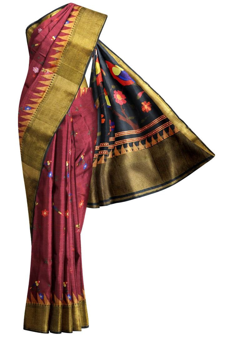 Beautiful printed moonga  silk saree in burgundy with floral & bird motifs .
