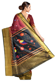 Beautiful printed moonga  silk saree in burgundy with floral & bird motifs .