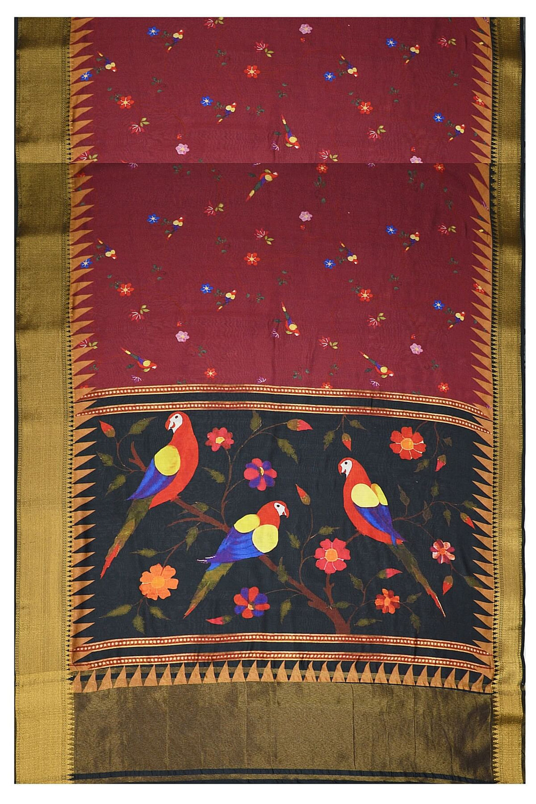 Beautiful printed moonga  silk saree in burgundy with floral & bird motifs .