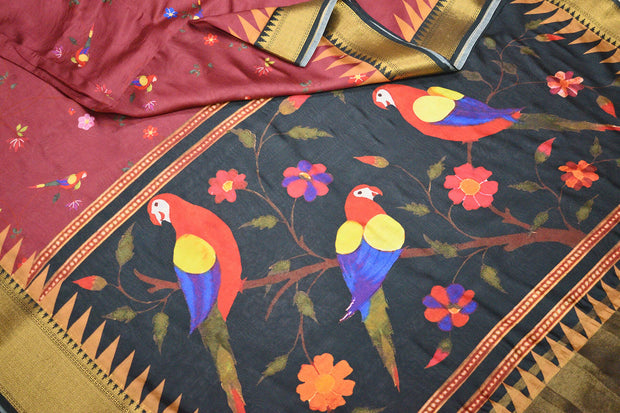 Beautiful printed moonga  silk saree in burgundy with floral & bird motifs .