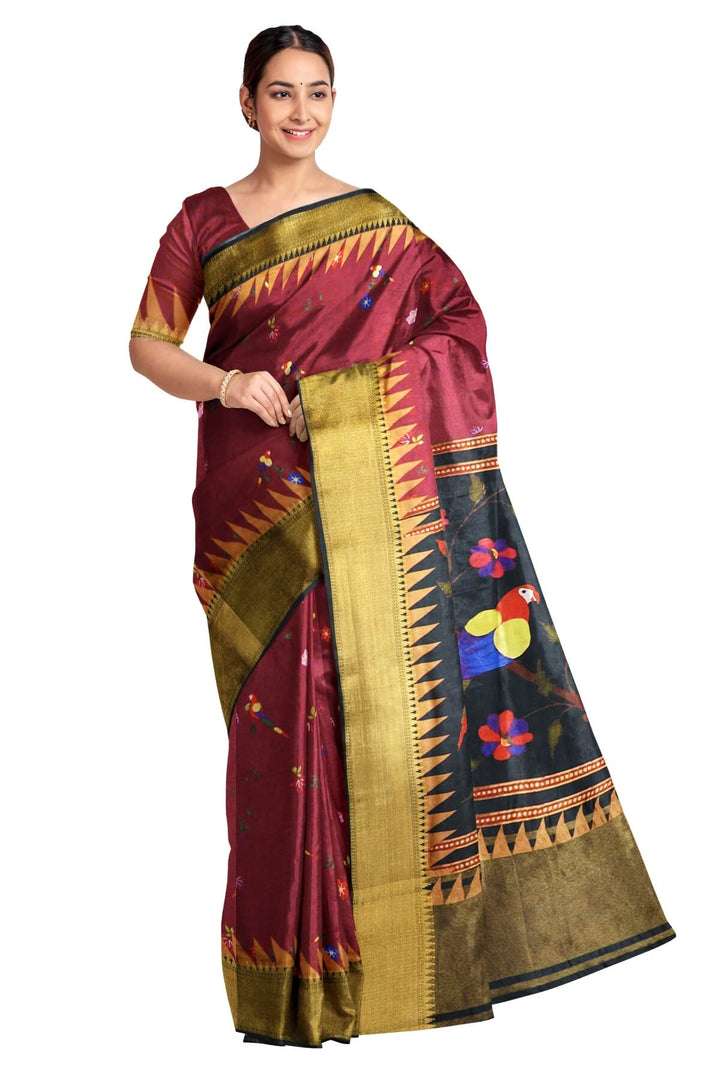 Beautiful printed moonga  silk saree in burgundy with floral & bird motifs .