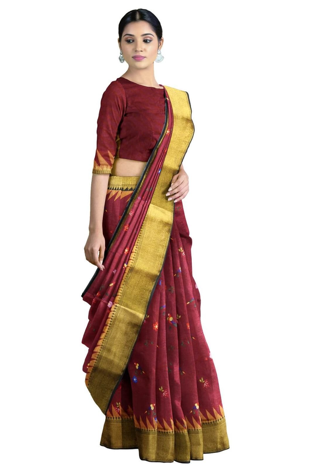 Beautiful printed moonga  silk saree in burgundy with floral & bird motifs .