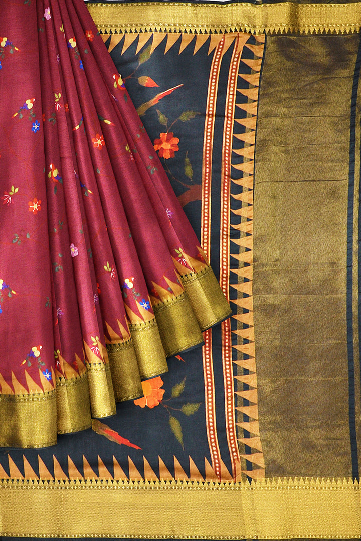 Beautiful printed moonga  silk saree in burgundy with floral & bird motifs .