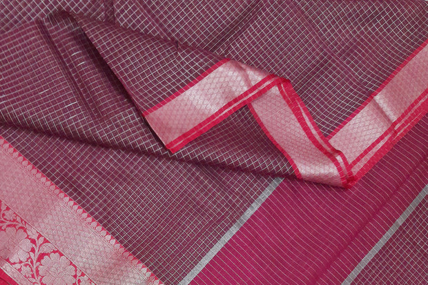 Handloom Banarasi silk cotton saree in magenta & pink  inchecks with floral pattern in border
