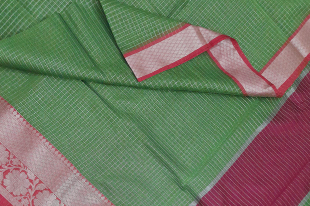 Handloom Banarasi silk cotton saree in green & pink   in checks with floral pattern in border