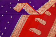 Banarasi silk chiffon  saree in violet  with silver buttis & border and a contrast pallu in red