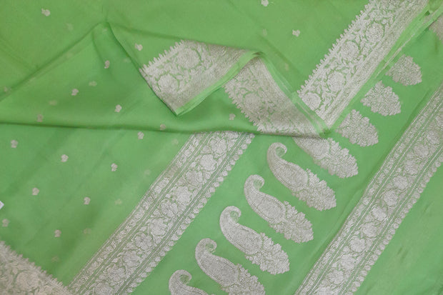 Banarasi silk chiffon  saree in green with silver  buttis &  border