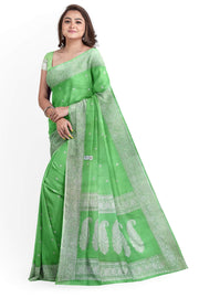 Banarasi silk chiffon  saree in green with silver  buttis &  border
