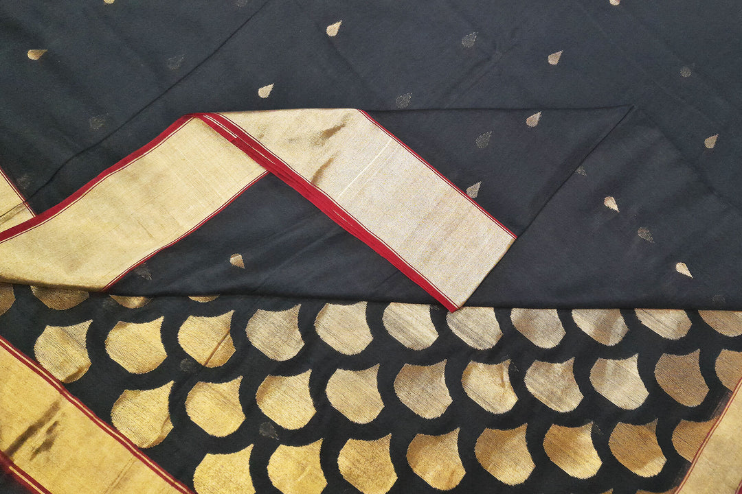 Handloom Chanderi silk cotton saree in black