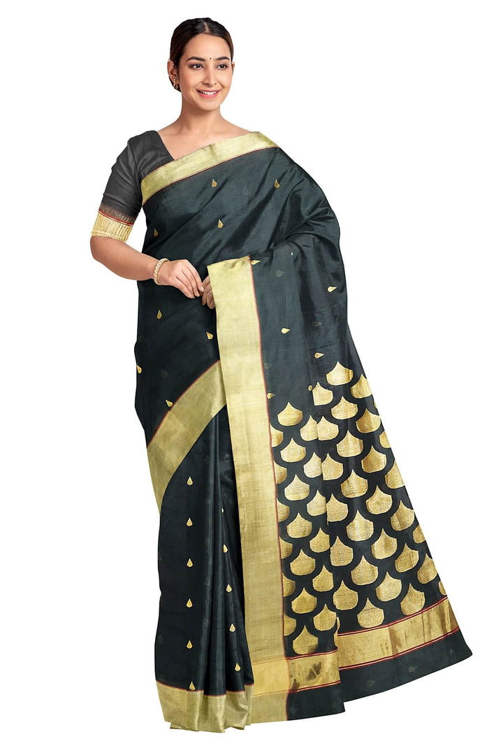 Handloom Chanderi silk cotton saree in black