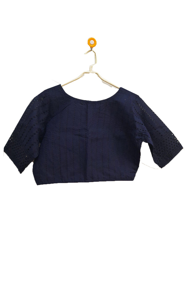 Hakoba pure  cotton boat neck blouse in navy blue  with front open