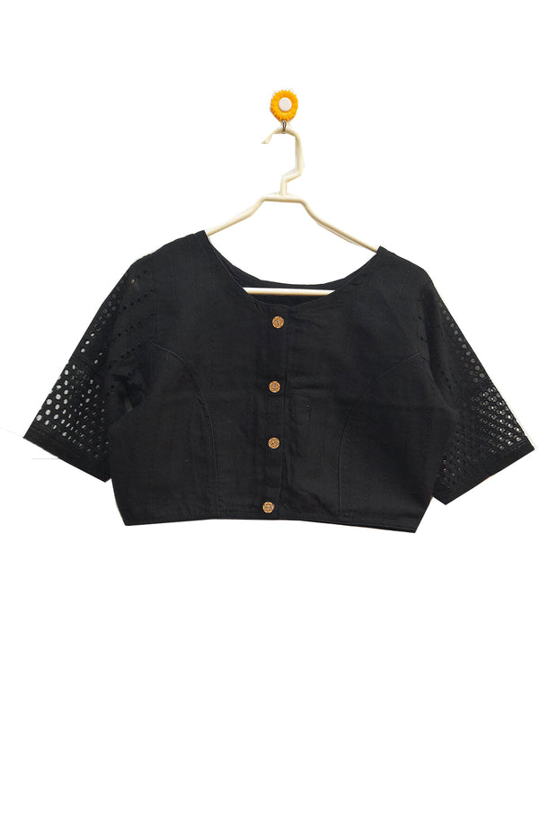 Hakoba pure  cotton boat neck blouse in black with front open