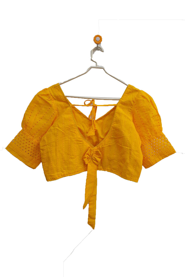 Hakoba pure cotton padded blouse in yellow  with puff sleeves