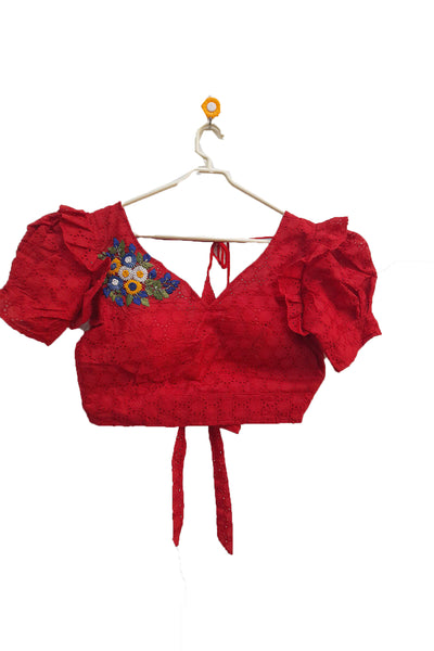 Hakoba pure cotton padded blouse in red with floral embroidery on right shoulder.