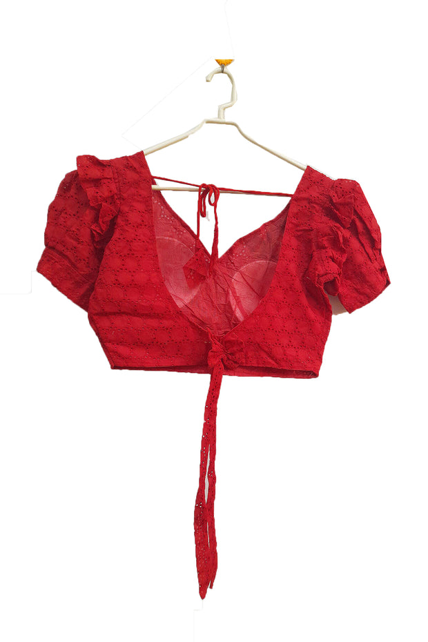 Hakoba pure cotton padded blouse in red with floral embroidery on right shoulder.