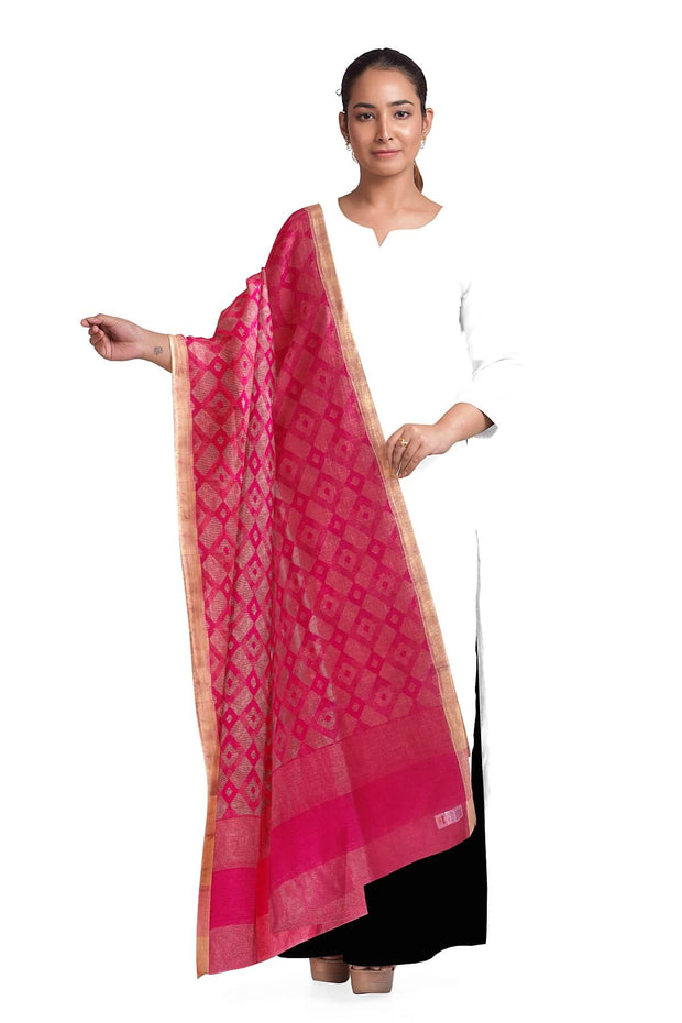 Muslin silk dupatta in pink with all over jamdani weave