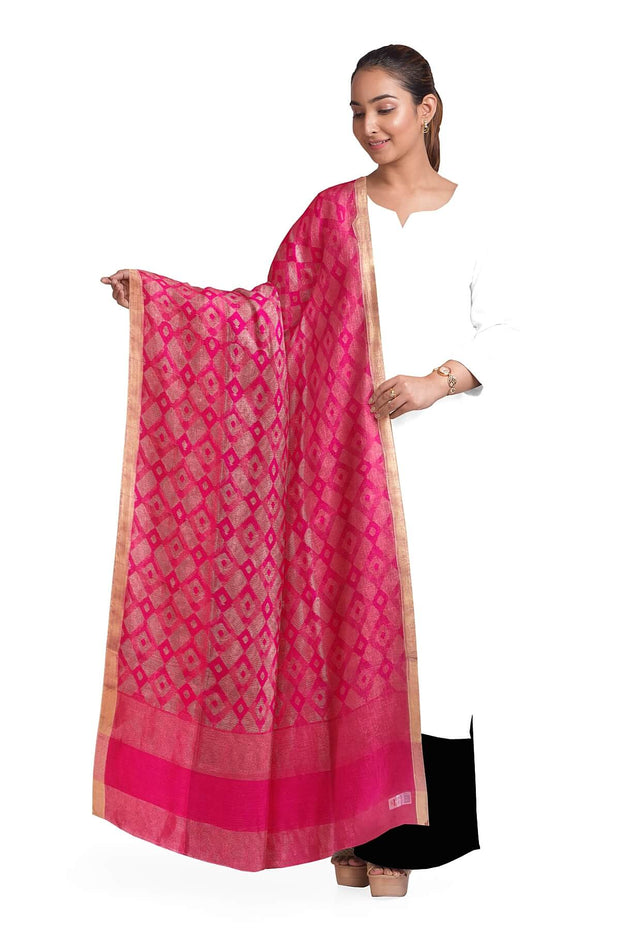 Muslin silk dupatta in pink with all over jamdani weave