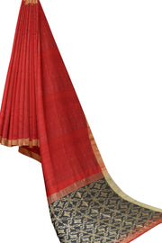 Matka silk saree in red with a  jamdani weave pallu in geometric pattern