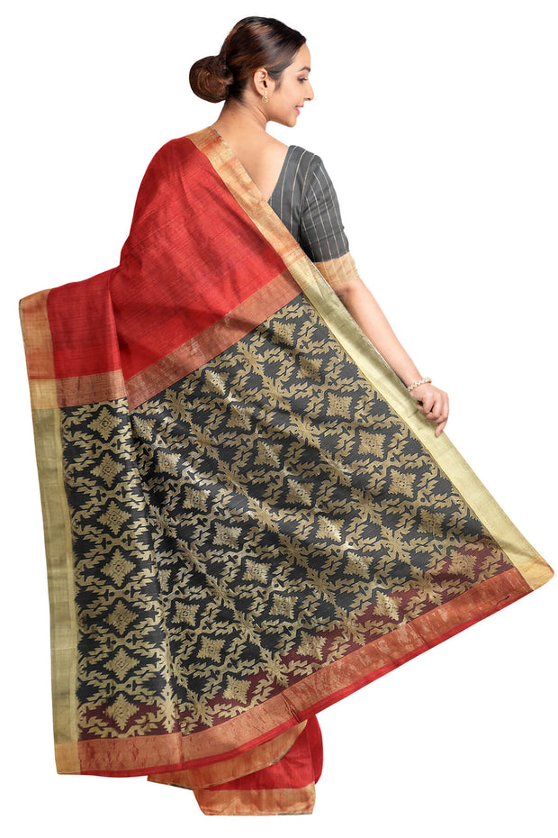 Matka silk saree in red with a  jamdani weave pallu in geometric pattern