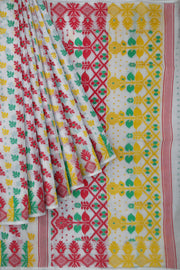 Handloom silk cotton saree in white , red & green