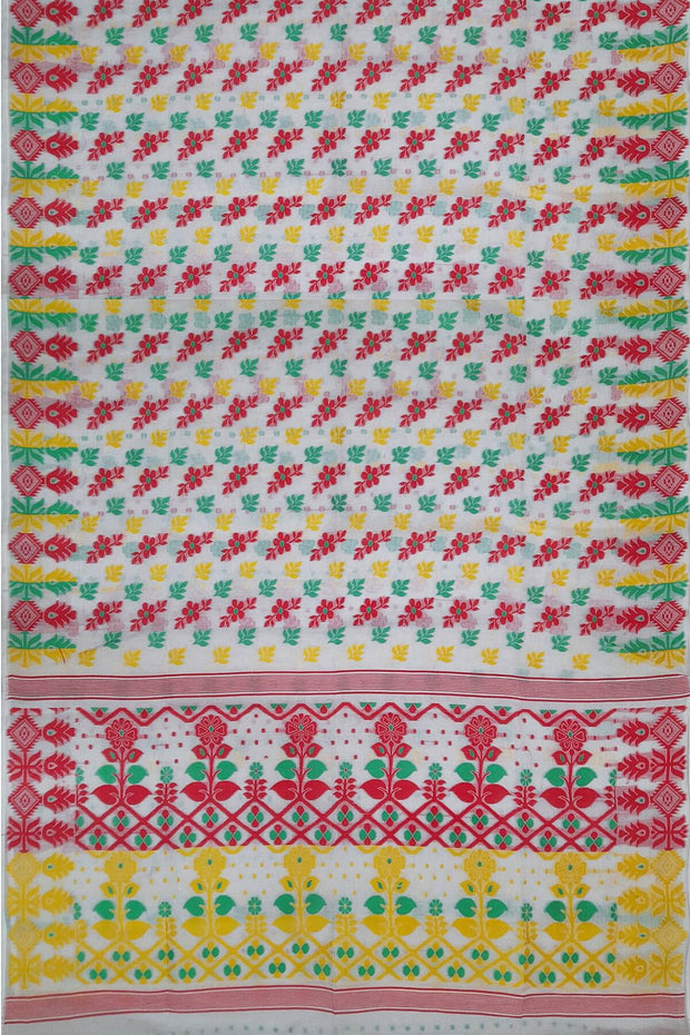 Handloom silk cotton saree in white , red & green