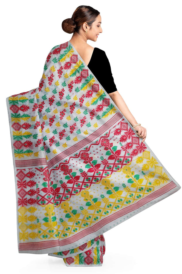 Handloom silk cotton saree in white , red & green