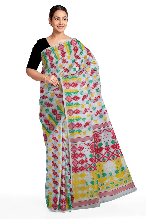 Handloom silk cotton saree in white , red & green