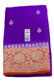 Banarasi silk chiffon  saree in violet  with silver buttis & border and a contrast pallu in red